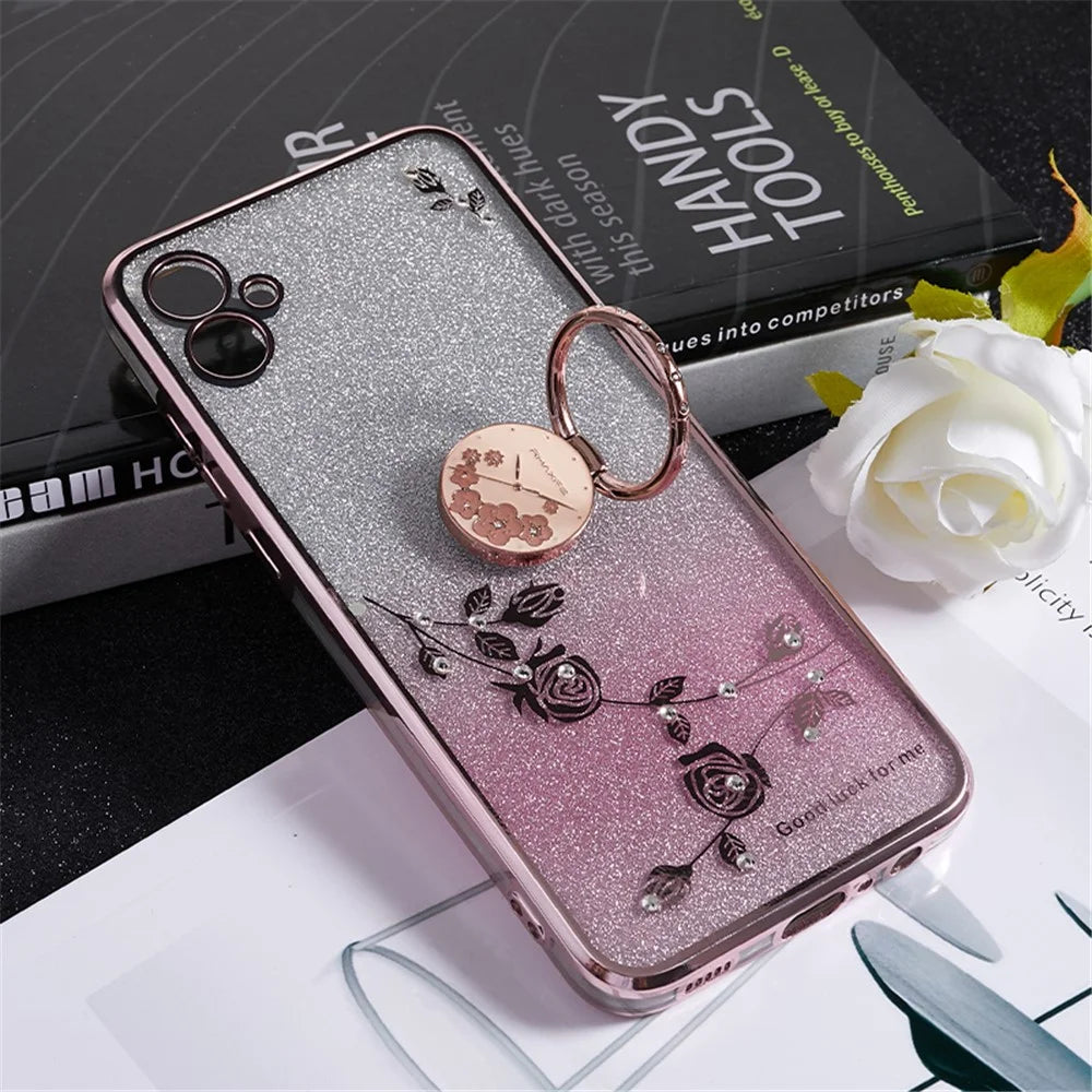 KADEM For Samsung Galaxy A04e 4G / M04 4G / F04 4G Rhinestone Phone Case Flower Pattern Kickstand Glitter Gradient TPU Cover - Rose Gold - 5