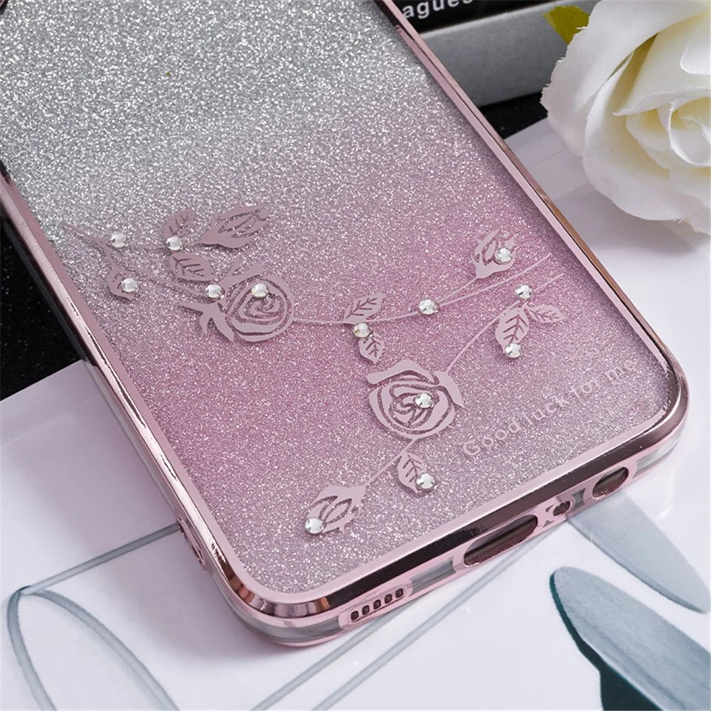 KADEM For Samsung Galaxy A04e 4G / M04 4G / F04 4G Rhinestone Phone Case Flower Pattern Kickstand Glitter Gradient TPU Cover - Rose Gold - 7