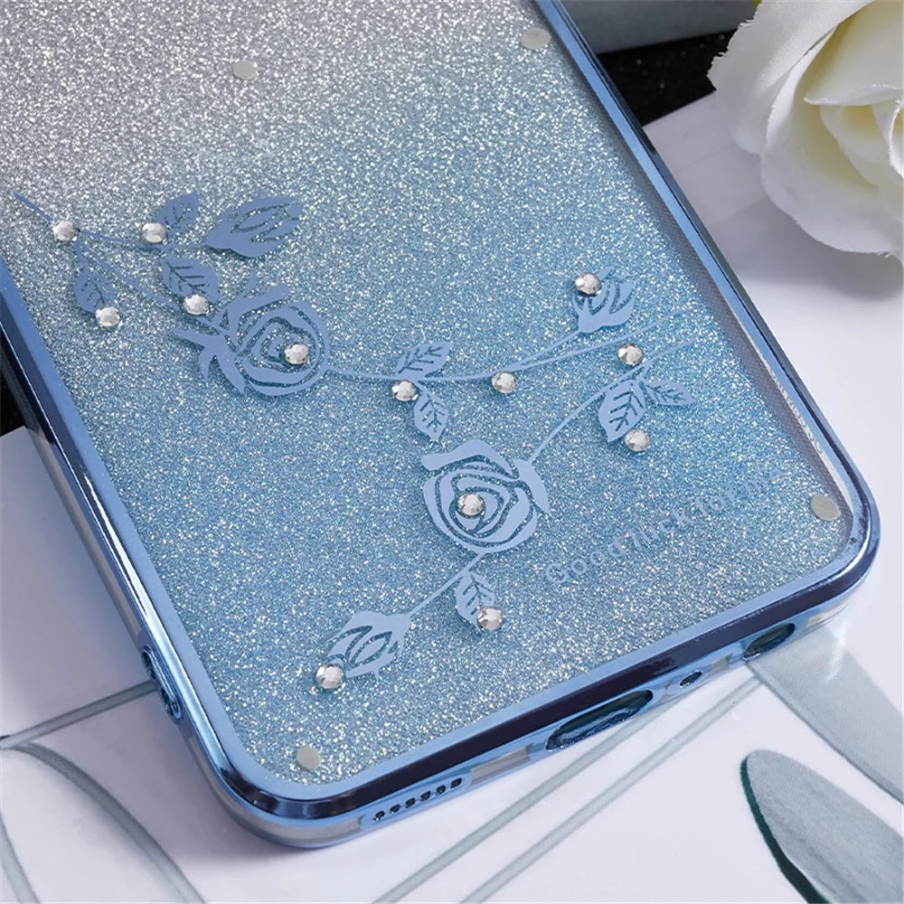 KADEM For Samsung Galaxy M33 5G (Global Version) Gradient Glitter TPU Case Flower Pattern Bling Rhinestone Cover - Blue - 5