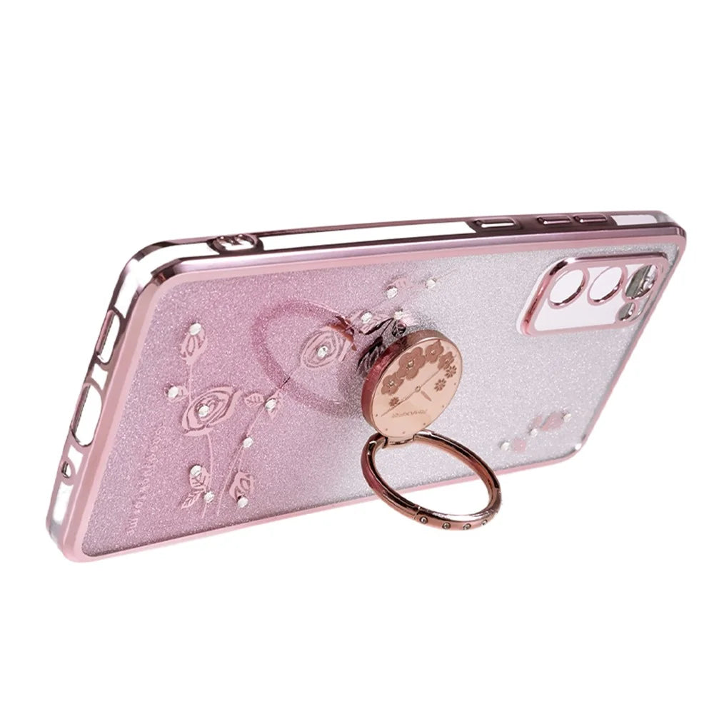 KADEM For Samsung Galaxy S20 FE / FE 5G / FE 2022 / S20 Lite Rhinestone Kickstand Phone Case Flower Pattern Gradient Glitter TPU Cover - Rose Gold - 3