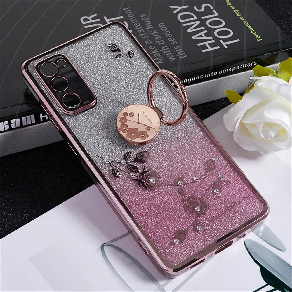 KADEM For Samsung Galaxy S20 FE / FE 5G / FE 2022 / S20 Lite Rhinestone Kickstand Phone Case Flower Pattern Gradient Glitter TPU Cover - Rose Gold - 5
