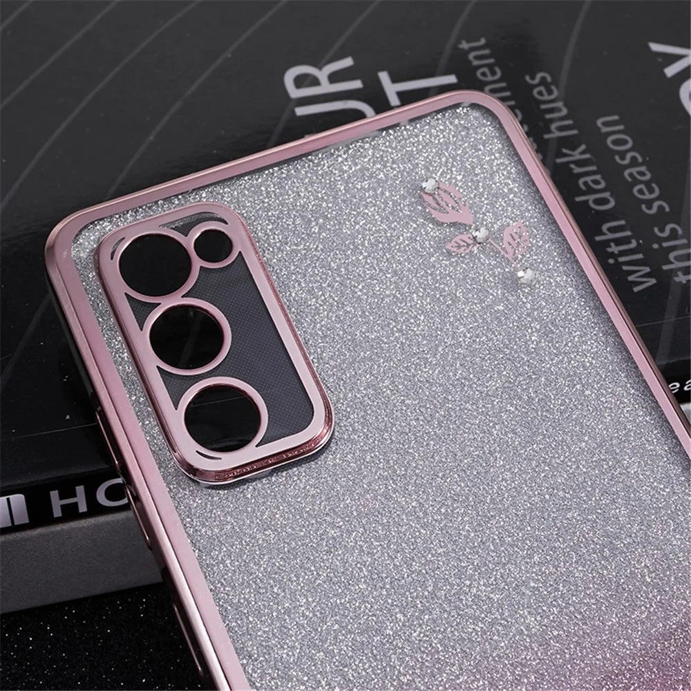 KADEM For Samsung Galaxy S20 FE / FE 5G / FE 2022 / S20 Lite Rhinestone Kickstand Phone Case Flower Pattern Gradient Glitter TPU Cover - Rose Gold - 6