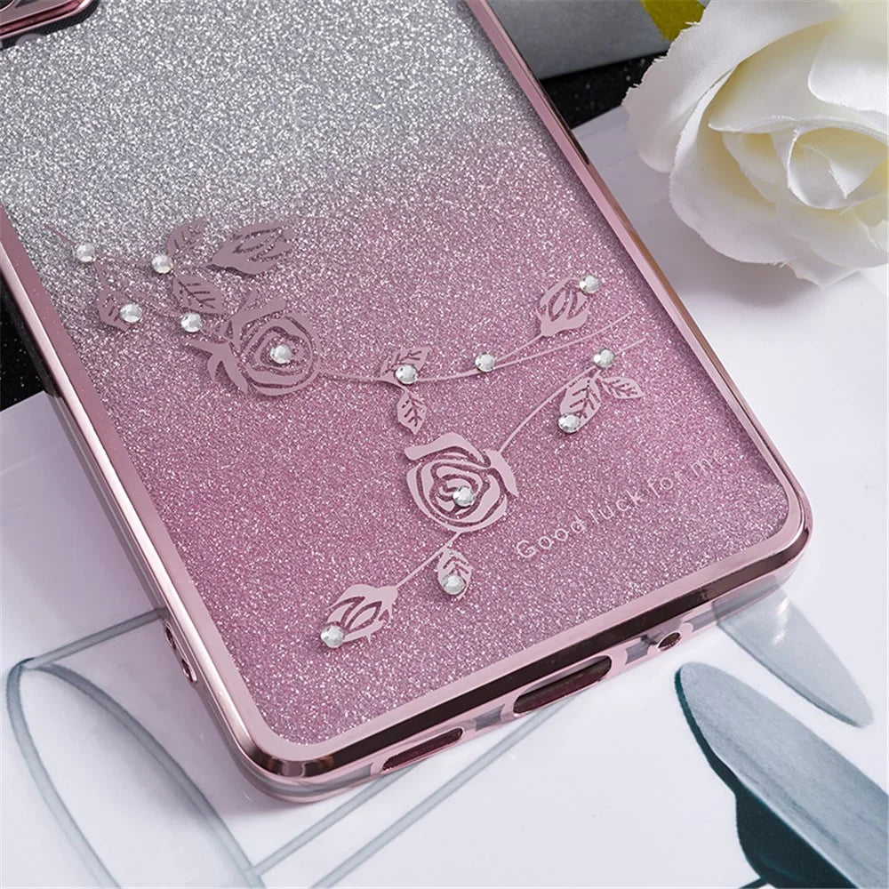 KADEM For Samsung Galaxy S20 FE / FE 5G / FE 2022 / S20 Lite Rhinestone Kickstand Phone Case Flower Pattern Gradient Glitter TPU Cover - Rose Gold - 7