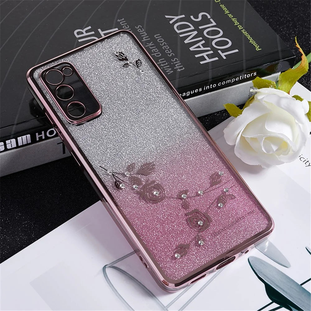KADEM For Samsung Galaxy S20 FE / FE 5G / FE 2022 / S20 Lite Rhinestone Gradient Glitter TPU Case Flower Pattern Phone Cover - Rose Gold - 3