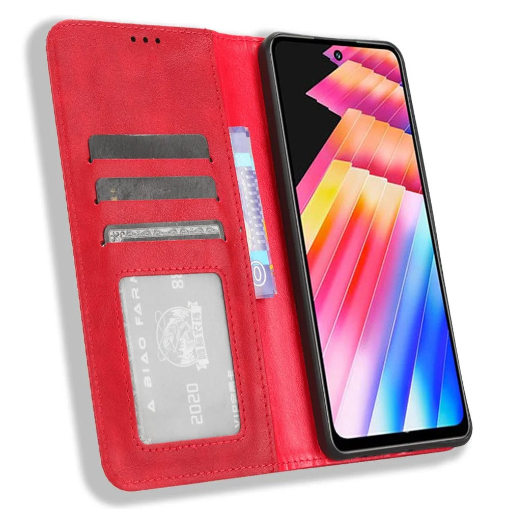 For Infinix Hot 30 Play Retro PU Leather Phone Case Folio Stand Wallet Protective Shell - Red - 2