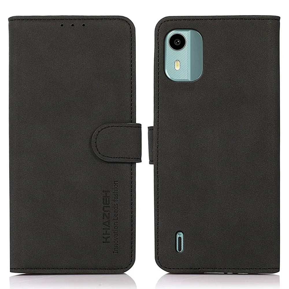 KHAZNEH For Nokia C12 4G / C12 Plus / C12 Pro PU Leather Textured Flip Phone Case Magnetic Folio Stand Wallet Cover - Black - 1