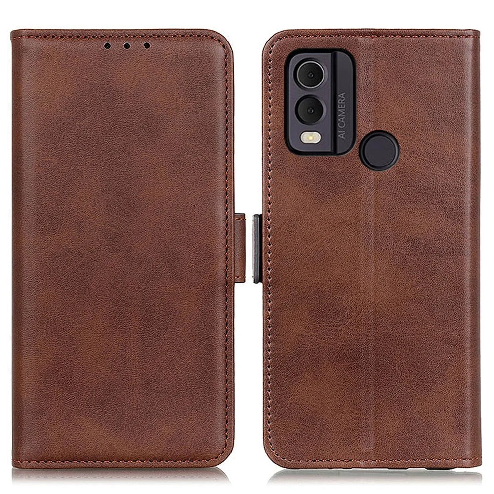 For Nokia C22 Phone Leather Case Cowhide Texture Stand Wallet Protective Cover - Brown - 1