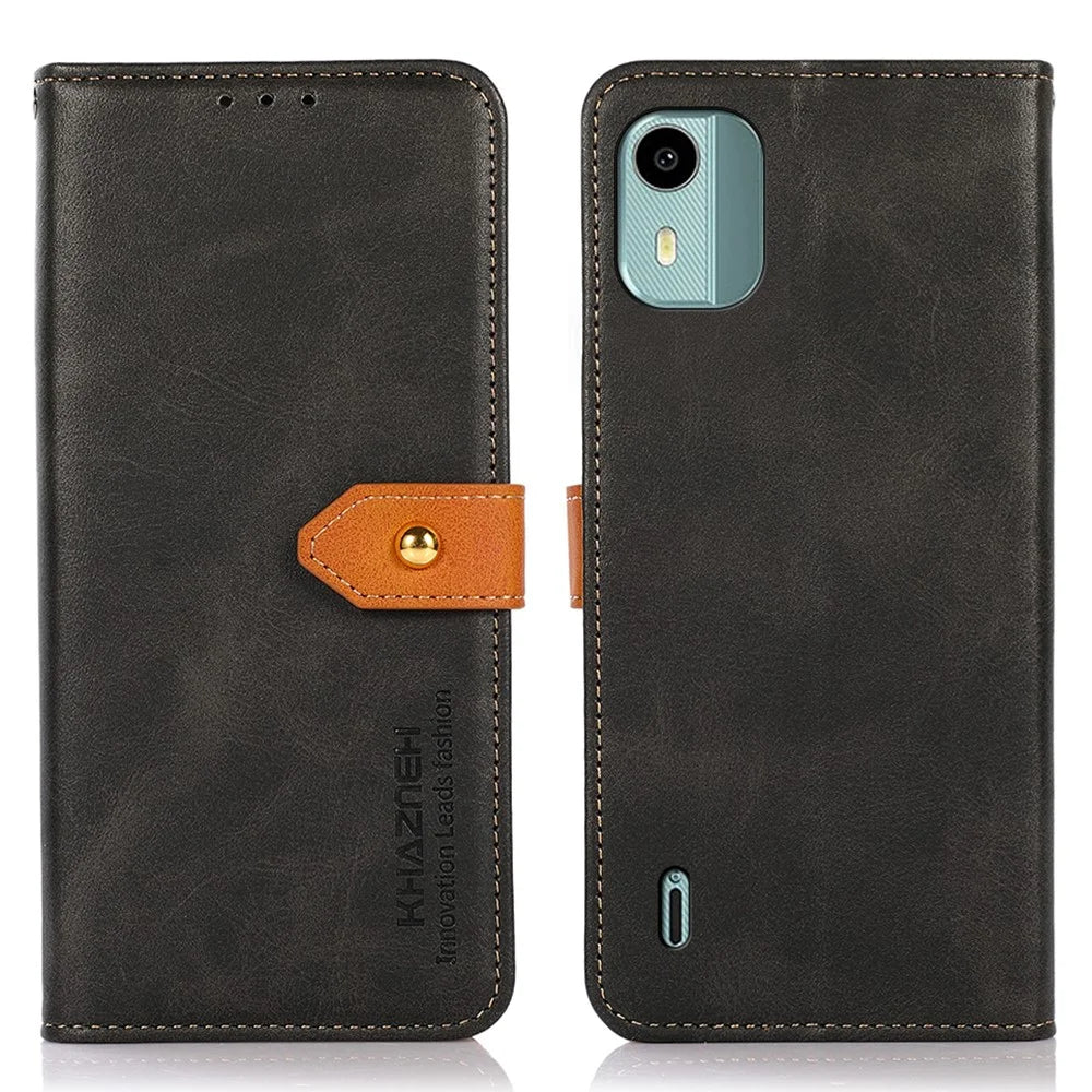 KHAZNEH For Nokia C12 4G / C12 Plus / C12 Pro Phone Leather Cover Gold Button Magnetic Case with Stand Wallet - Black - 1
