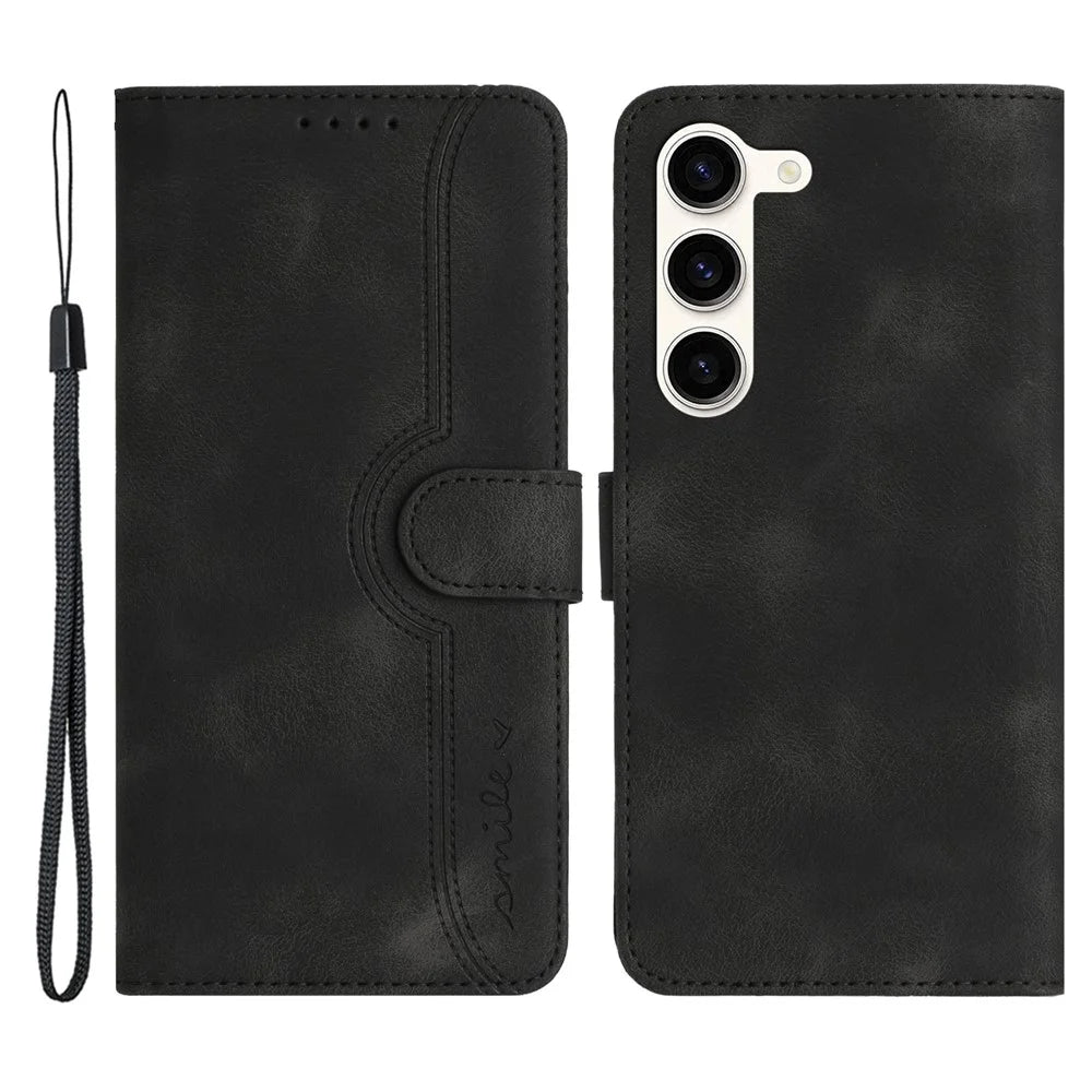 YX003 For Samsung Galaxy S23 Cell Phone Case Anti-Scratch PU Leather Wallet Stand Imprinted Smile Pattern Cover - Black - 1
