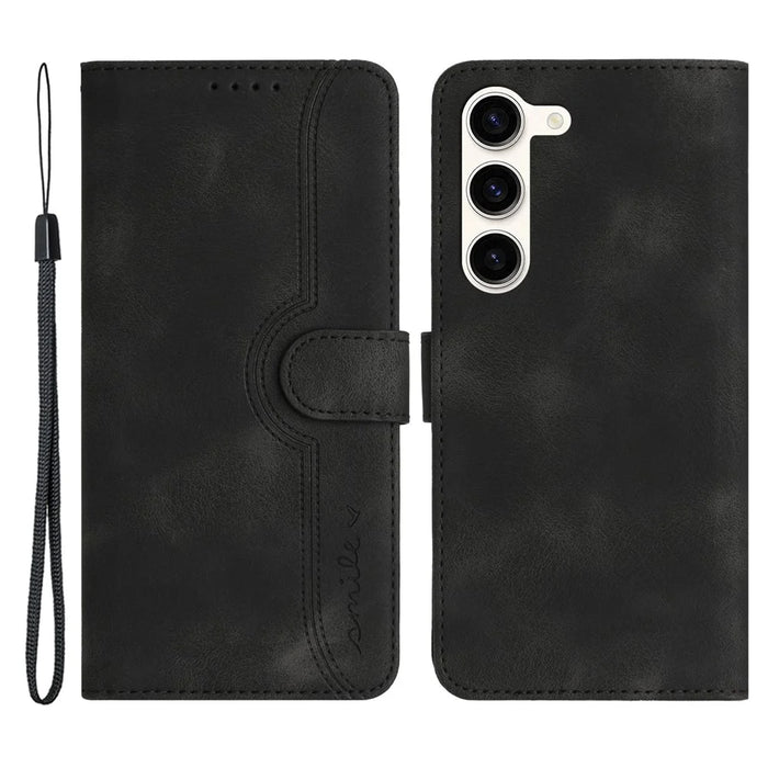 YX003 For Samsung Galaxy S23 Cell Phone Case Anti-Scratch PU Leather Wallet Stand Imprinted Smile Pattern Cover - Black - 1