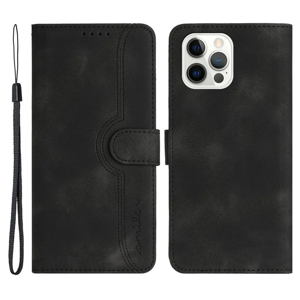 YX003 For iPhone 14 Pro Max Imprinted Smile Pattern Phone Case PU Leather Wallet Stand Cover - Black - 1