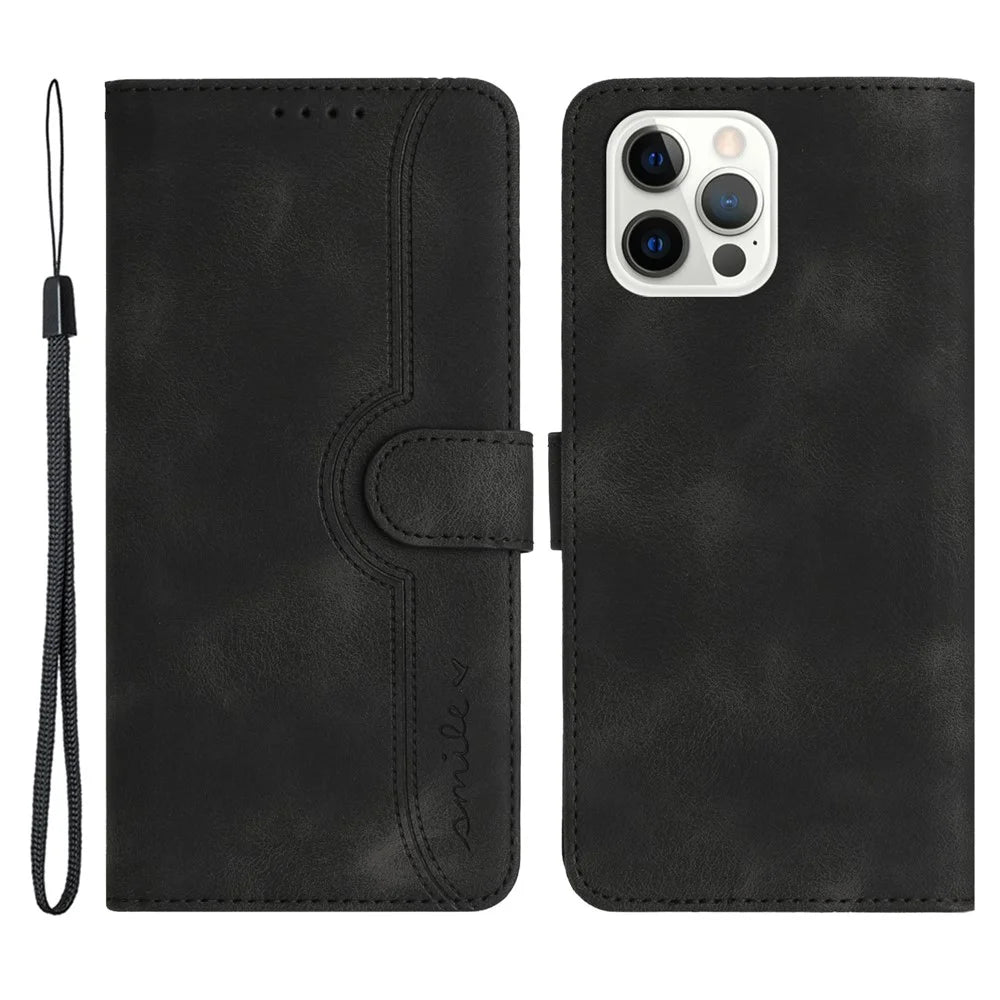 YX003 For iPhone 14 Pro Imprinted Smile Pattern PU Leather Cover Wallet Stand Cell Phone Case - Black - 1