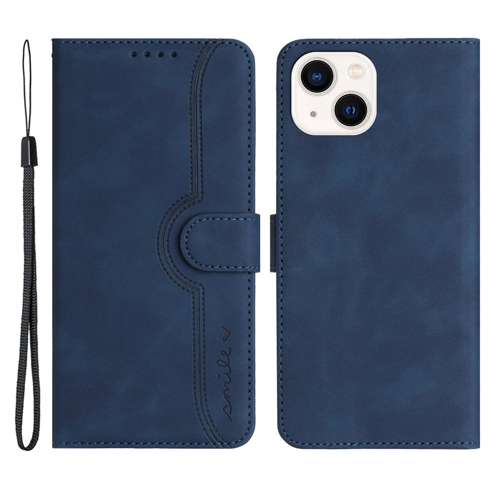YX003 Wallet Phone Stand Case for iPhone 14 PU Leather Imprinted Pattern Cover - Sapphire - 1