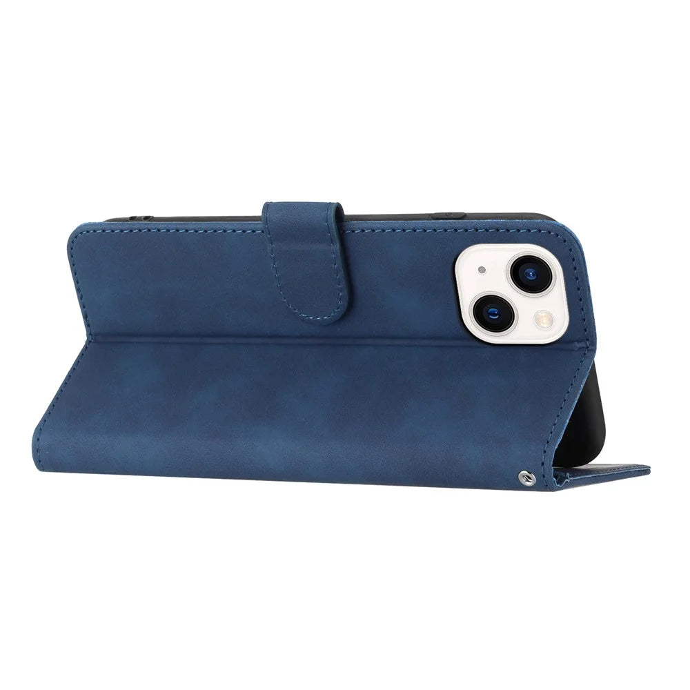 YX003 Wallet Phone Stand Case for iPhone 14 PU Leather Imprinted Pattern Cover - Sapphire - 4