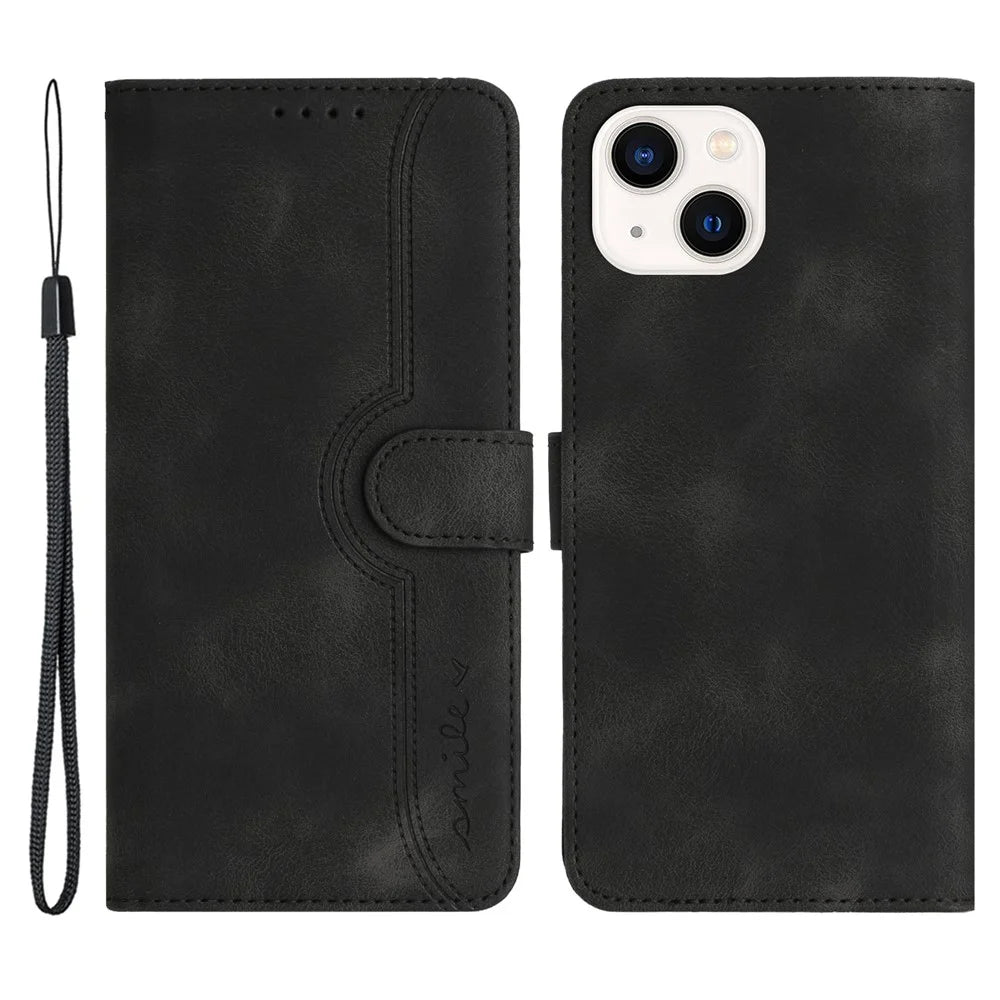YX003 Phone Case for iPhone 14 Plus PU Leather Wallet Stand Imprinted Pattern Cover - Black - 1