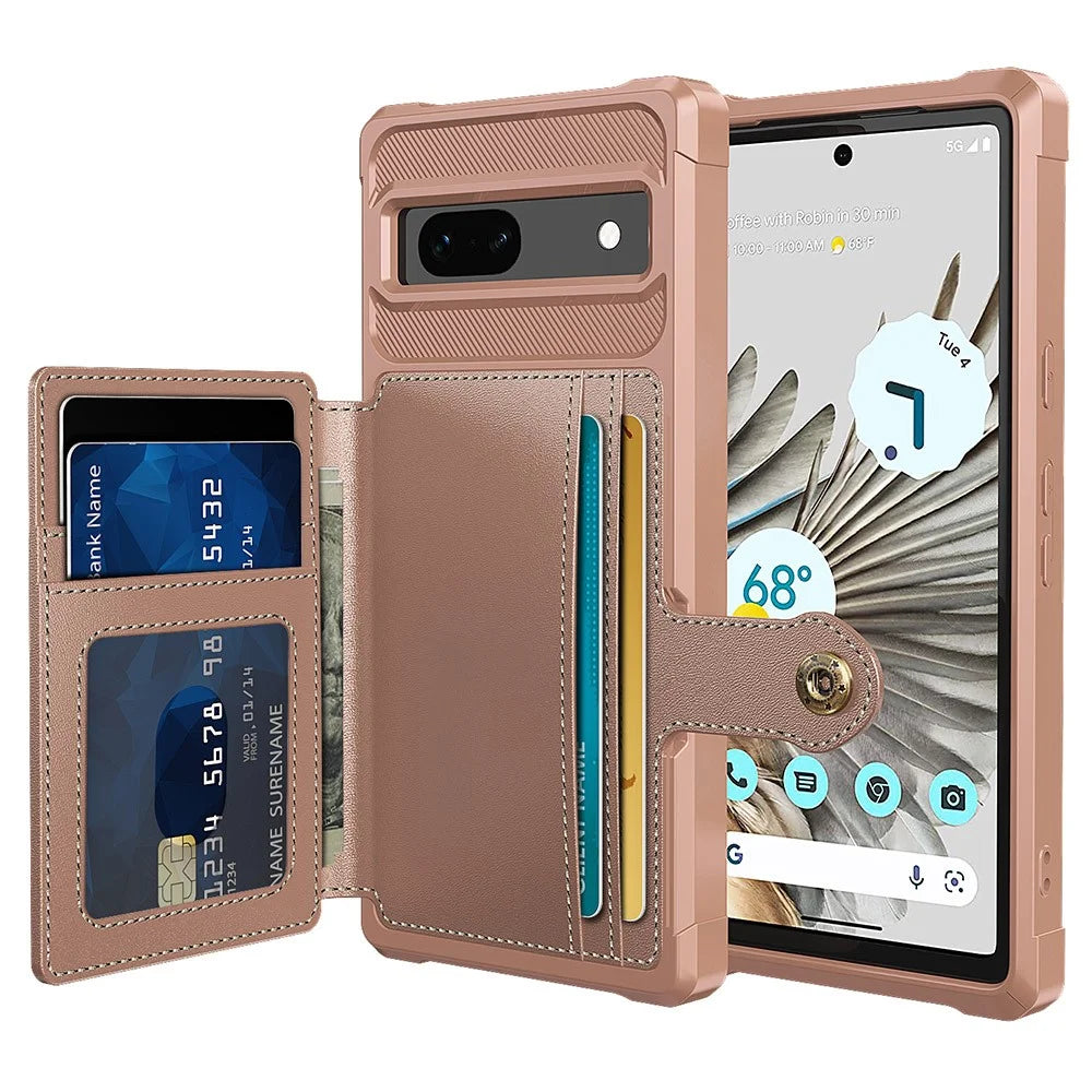 ZM03 For Google Pixel 7a Case PU Leather Coated TPU Card Holder Wallet Phone Cover - Pink - 1