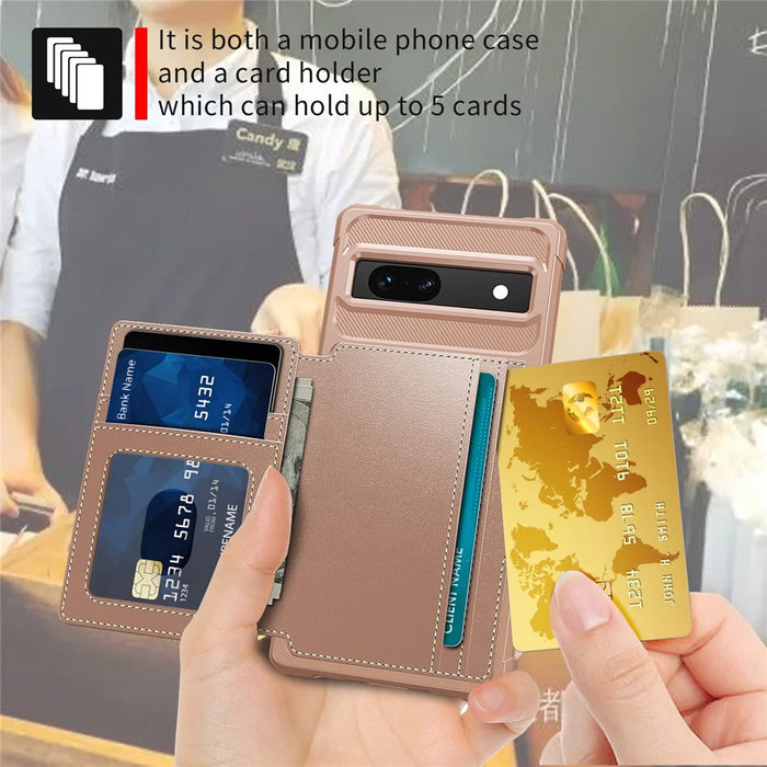 ZM03 For Google Pixel 7a Case PU Leather Coated TPU Card Holder Wallet Phone Cover - Pink - 5