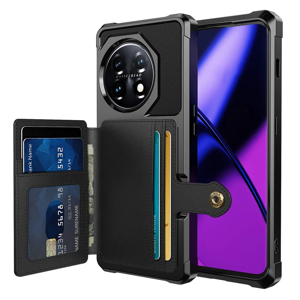 ZM03 For OnePlus 11 5G Shockproof Case PU Leather Coated TPU Phone Cover with Card Holder, Kickstand - Black - 1