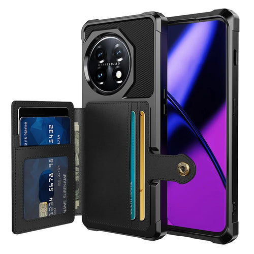 ZM03 For OnePlus 11 5G Shockproof Case PU Leather Coated TPU Phone Cover with Card Holder, Kickstand - Black - 1