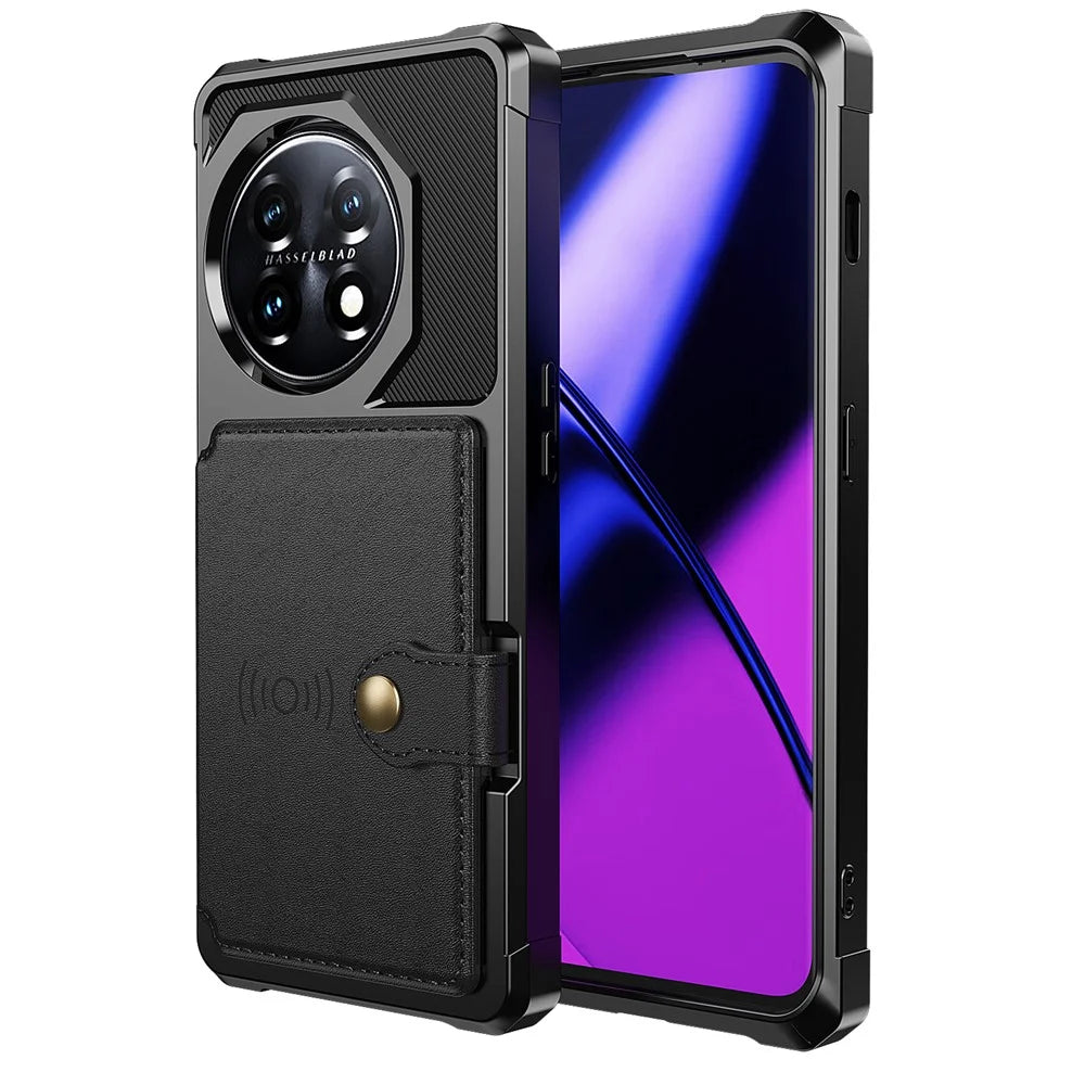 ZM03 For OnePlus 11 5G Shockproof Case PU Leather Coated TPU Phone Cover with Card Holder, Kickstand - Black - 2