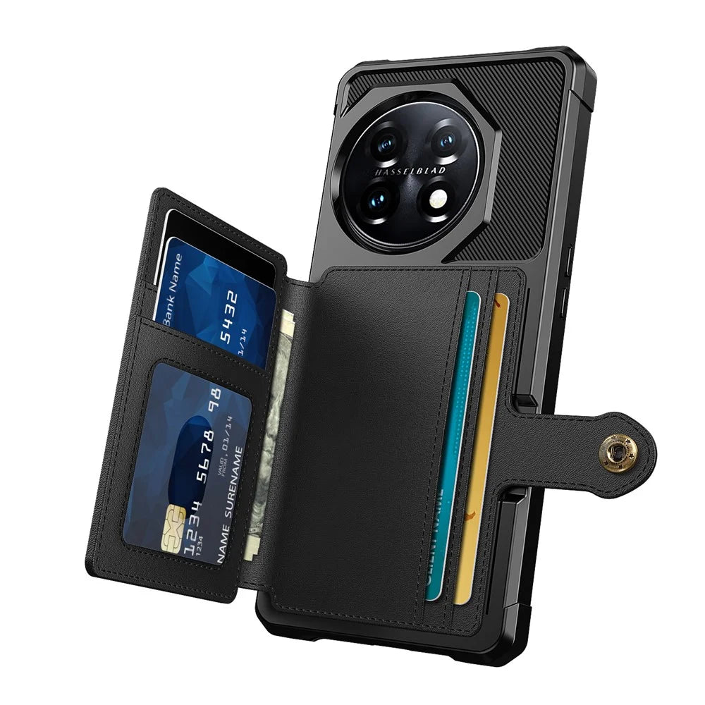 ZM03 For OnePlus 11 5G Shockproof Case PU Leather Coated TPU Phone Cover with Card Holder, Kickstand - Black - 3