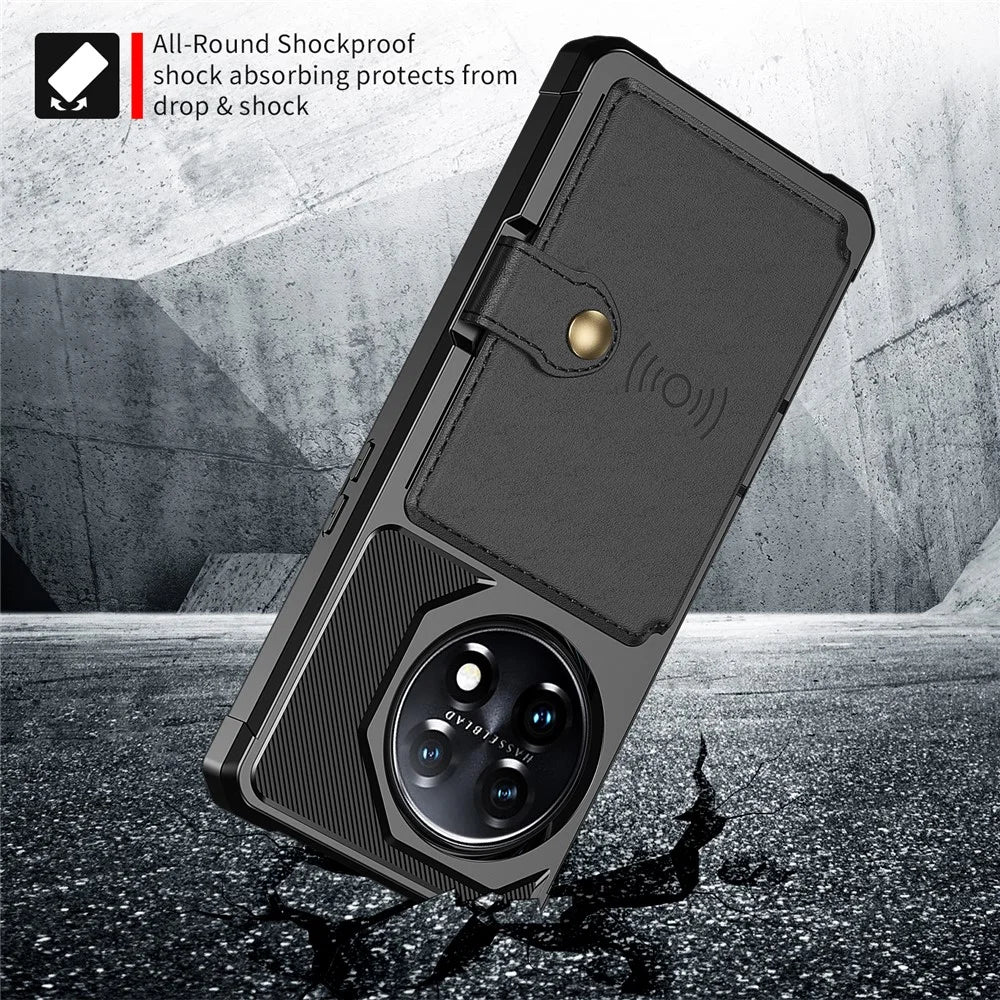 ZM03 For OnePlus 11 5G Shockproof Case PU Leather Coated TPU Phone Cover with Card Holder, Kickstand - Black - 4