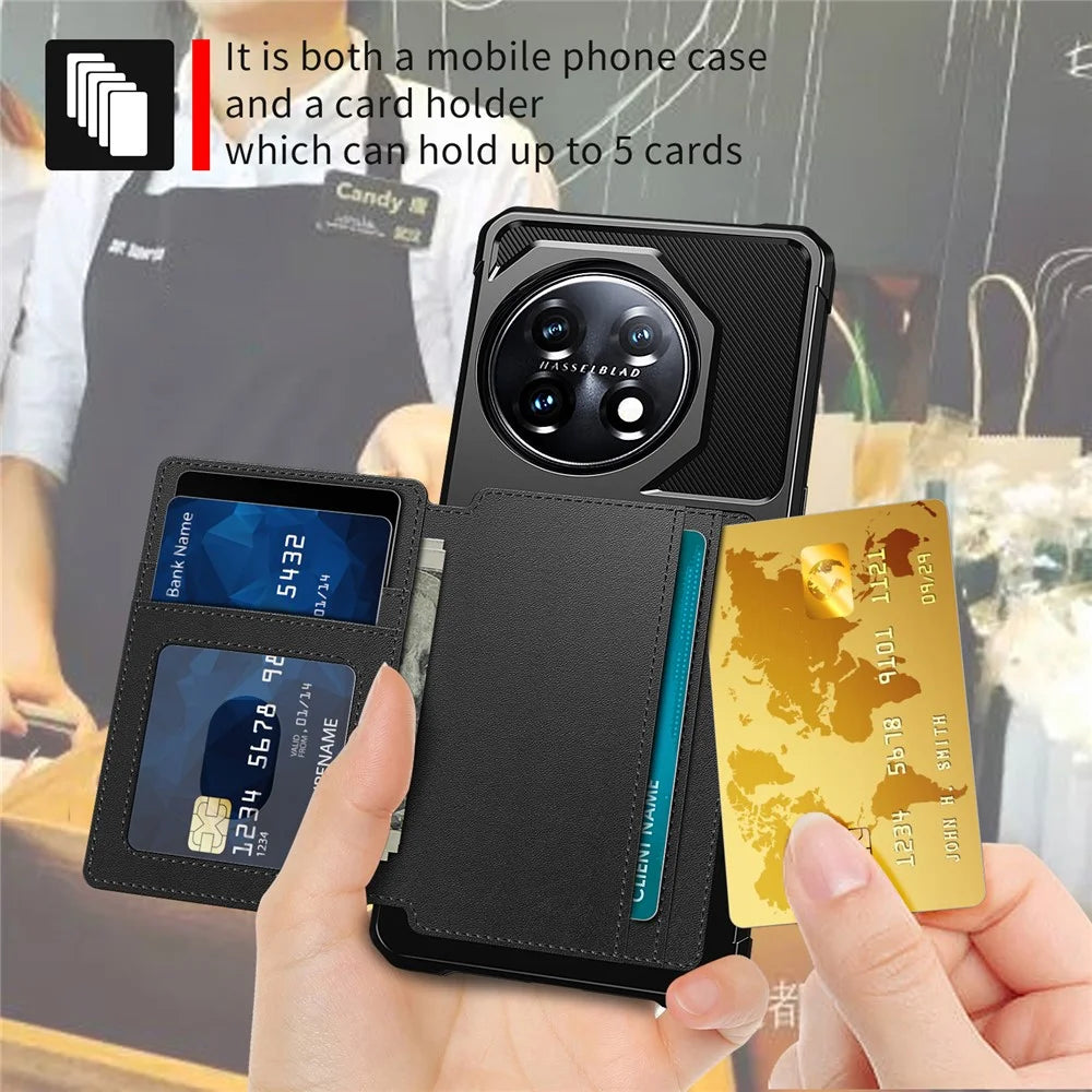 ZM03 For OnePlus 11 5G Shockproof Case PU Leather Coated TPU Phone Cover with Card Holder, Kickstand - Black - 5