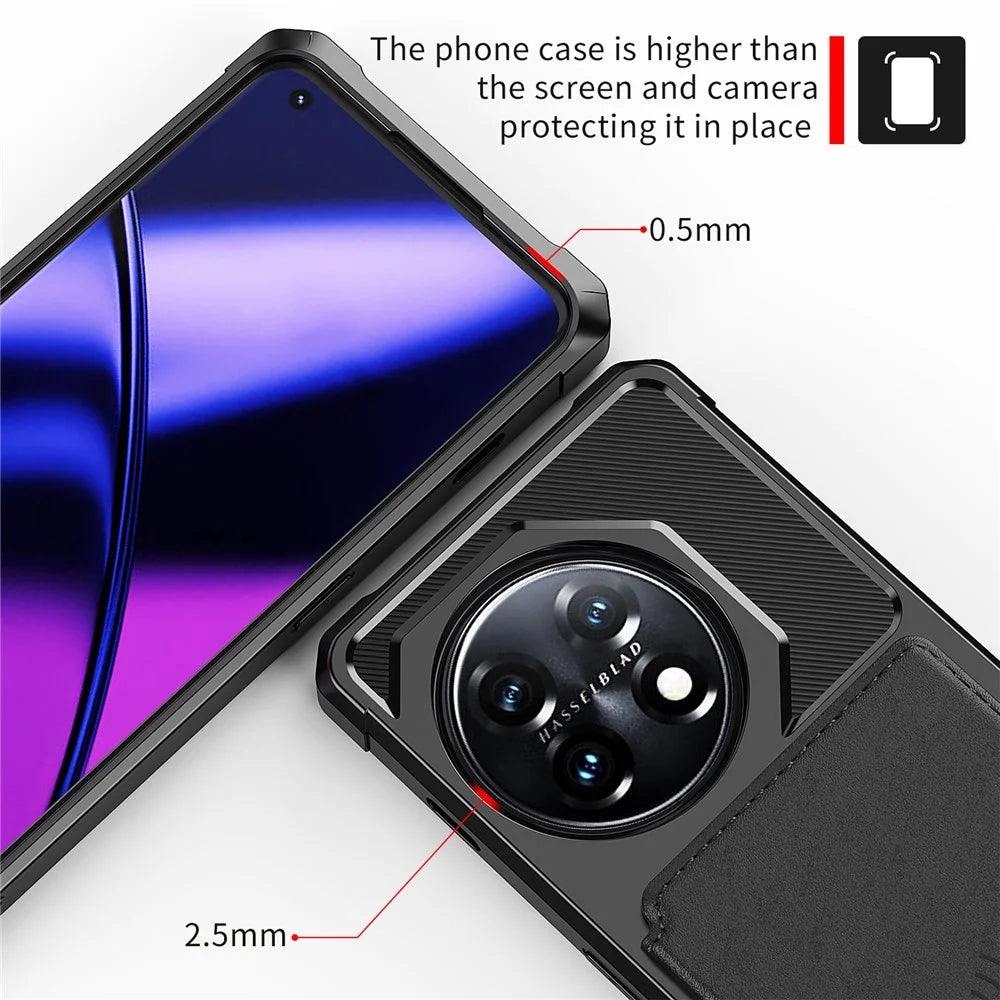 ZM03 For OnePlus 11 5G Shockproof Case PU Leather Coated TPU Phone Cover with Card Holder, Kickstand - Black - 6