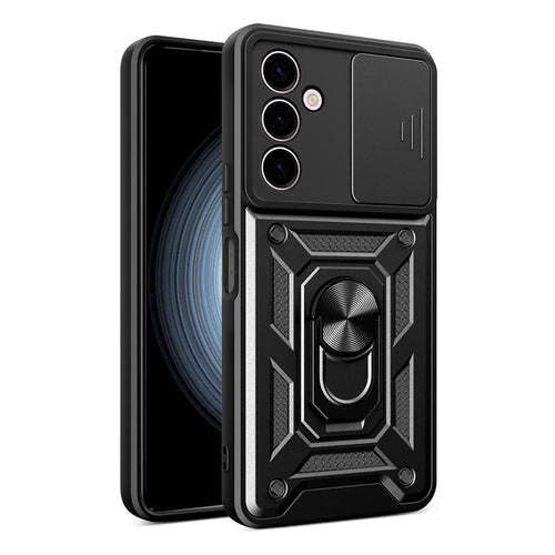 For Samsung Galaxy A24 4G (162.1 x 77.6 x 8.3mm) Shockproof Kickstand PC+TPU Phone Case Slide Lens Protection Cover - Black - 1