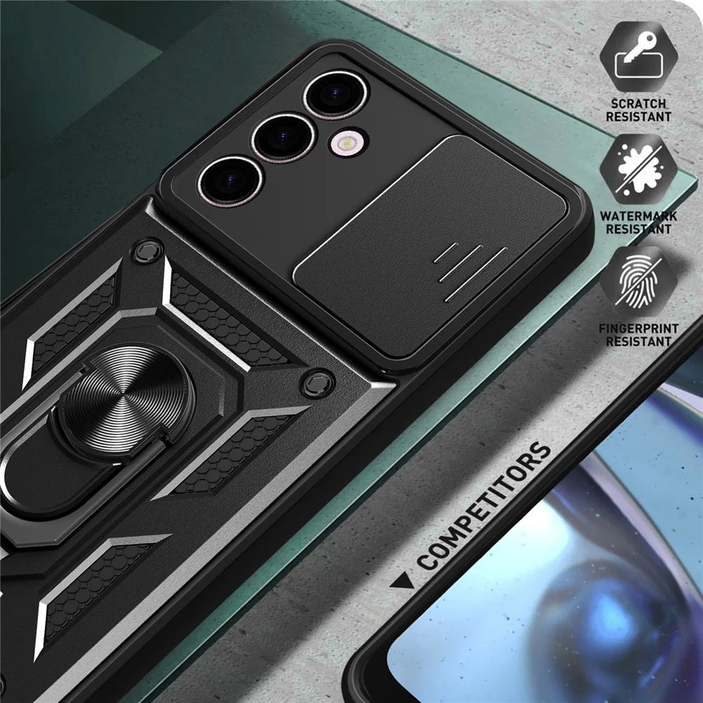 For Samsung Galaxy A24 4G (162.1 x 77.6 x 8.3mm) Shockproof Kickstand PC+TPU Phone Case Slide Lens Protection Cover - Black - 4