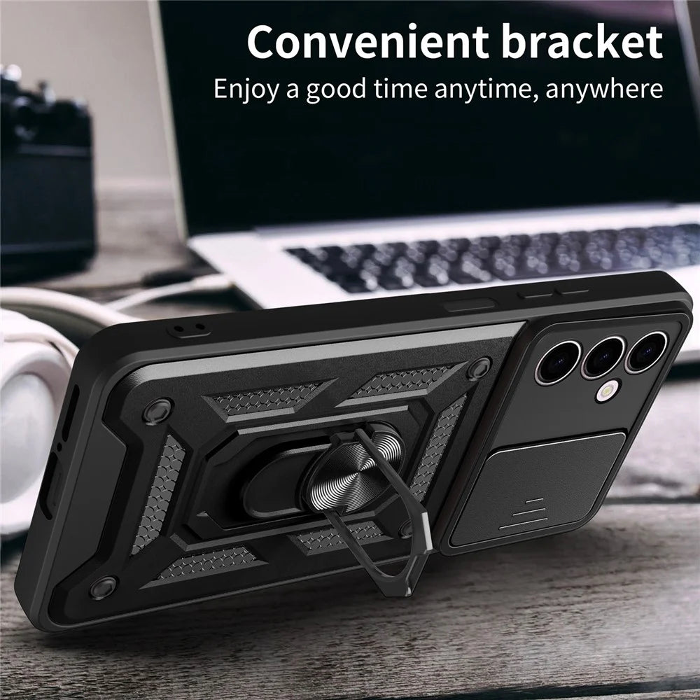 For Samsung Galaxy A24 4G (162.1 x 77.6 x 8.3mm) Shockproof Kickstand PC+TPU Phone Case Slide Lens Protection Cover - Black - 6