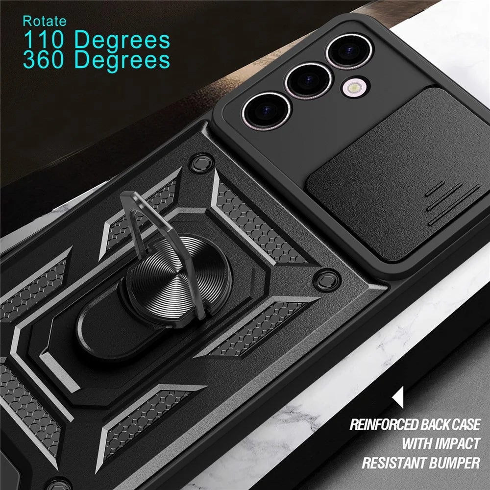 For Samsung Galaxy A24 4G (162.1 x 77.6 x 8.3mm) Shockproof Kickstand PC+TPU Phone Case Slide Lens Protection Cover - Black - 7