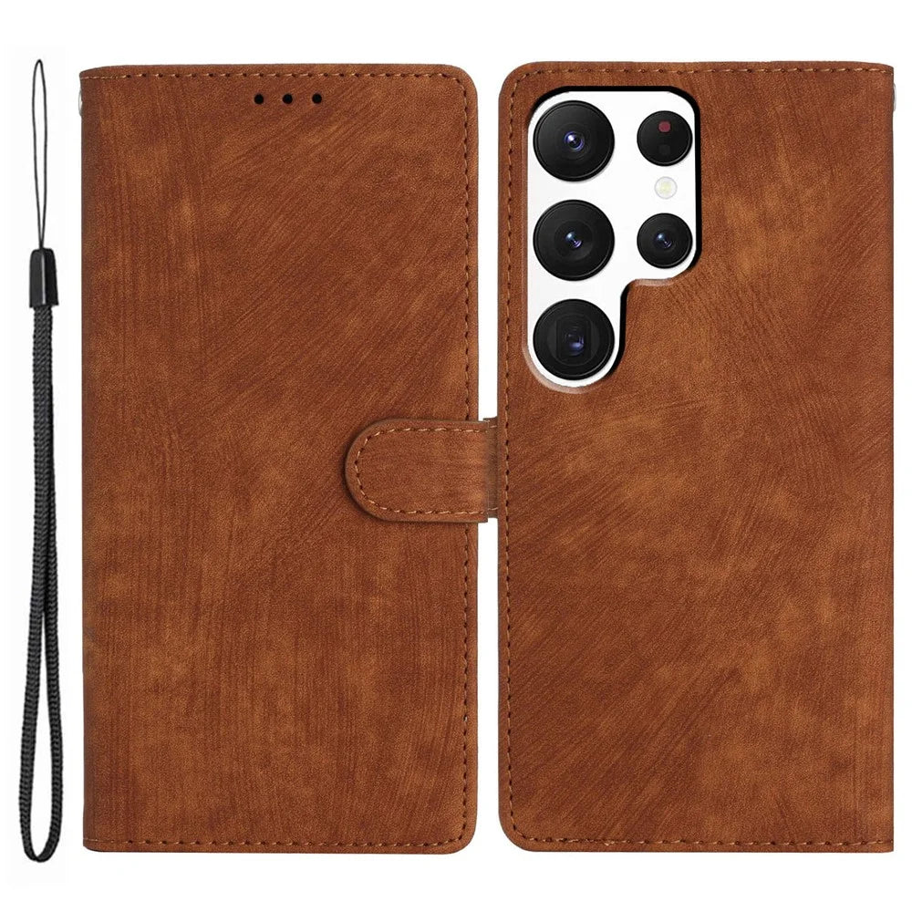 For Samsung Galaxy S22 Ultra 5G Shockproof Case PU Leather Flip Cover Skin-Touch Wallet Phone Shell - Brown - 1