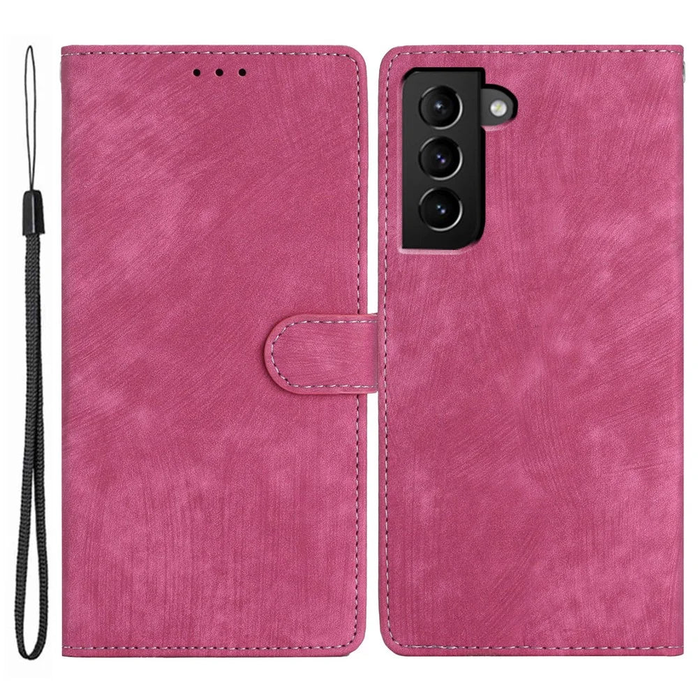 For Samsung Galaxy S22 5G Solid Color Leather Wallet Shell Skin-touch Anti-drop Stand Phone Case - Rose - 1