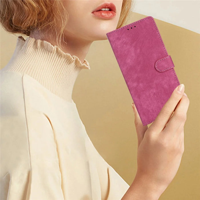 For Samsung Galaxy S22 5G Solid Color Leather Wallet Shell Skin-touch Anti-drop Stand Phone Case - Rose - 5