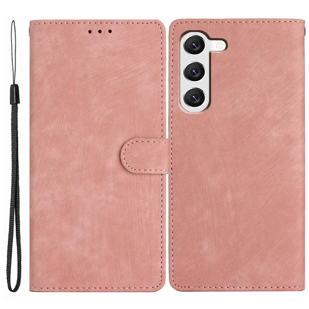 For Samsung Galaxy S23+ Leather Wallet Shell Solid Color Skin-touch Folding Stand Phone Case - Rose Gold - 1