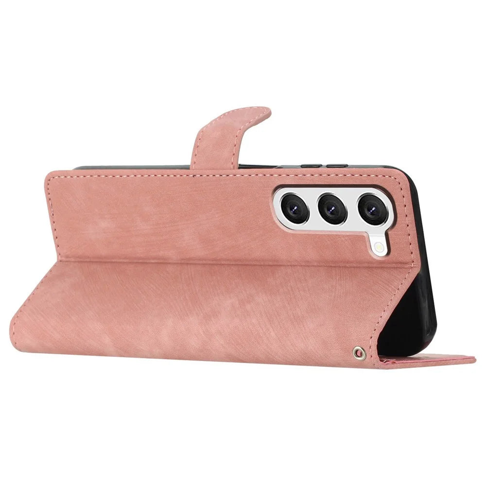 For Samsung Galaxy S23+ Leather Wallet Shell Solid Color Skin-touch Folding Stand Phone Case - Rose Gold - 3