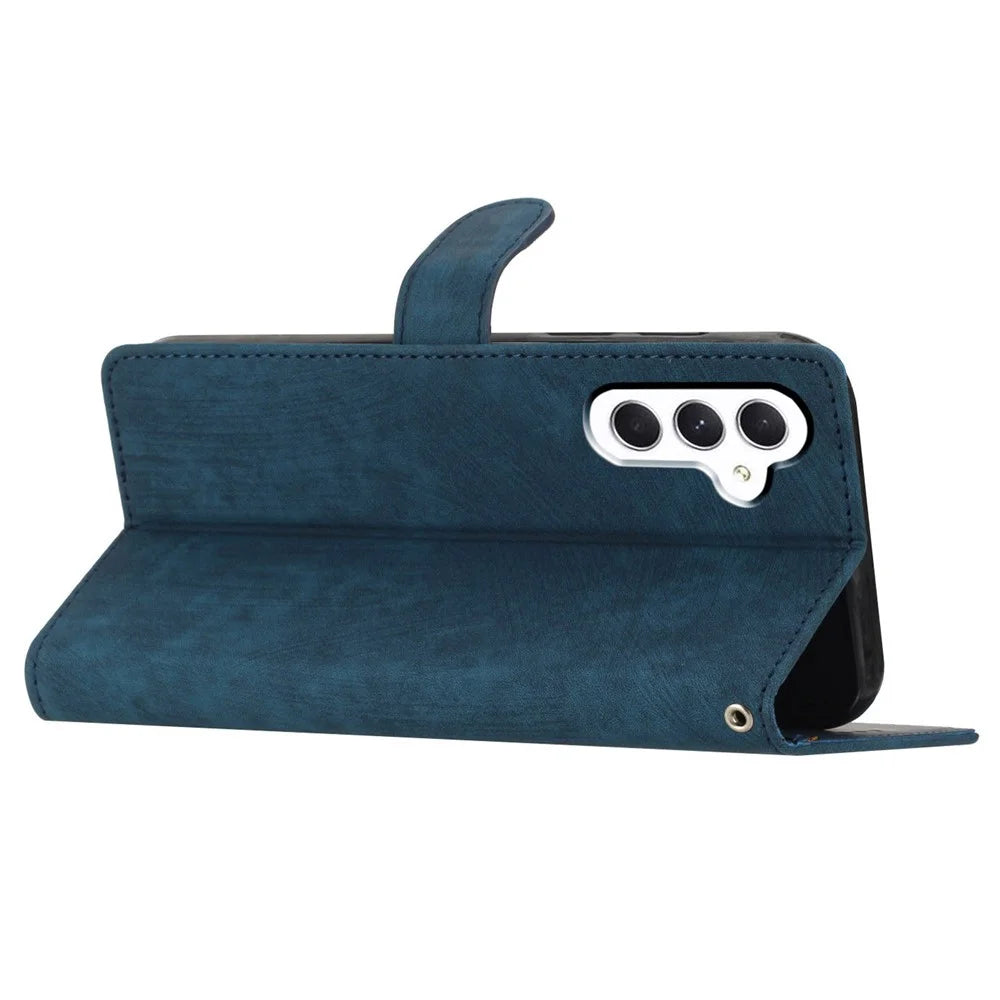 For Samsung Galaxy A24 4G (162.1 x 77.6 x 8.3mm) Solid Color Skin-touch Phone Stand Case Leather Wallet Shell - Blue - 3