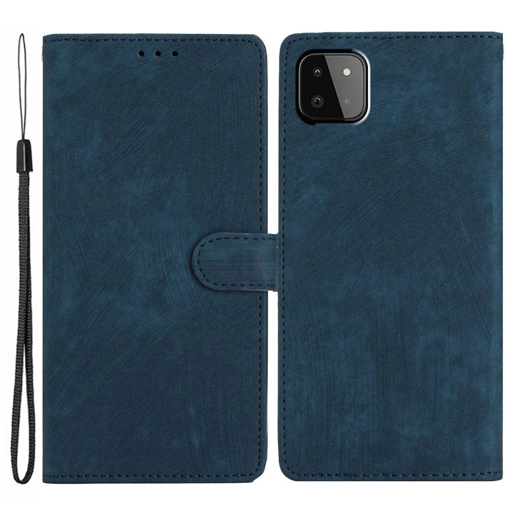 Leather Protective Cover for Samsung Galaxy A22 5G (EU Version) ,  Solid Color Skin-touch Phone Wallet Stand Case - Blue - 1