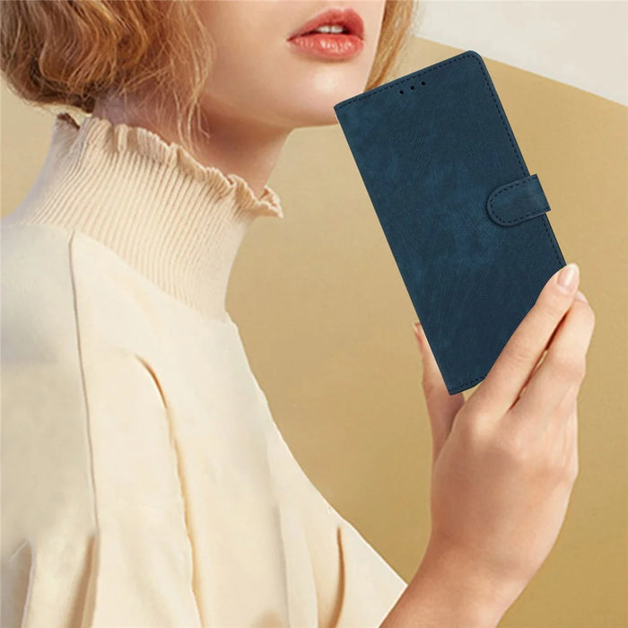 Leather Protective Cover for Samsung Galaxy A22 5G (EU Version) ,  Solid Color Skin-touch Phone Wallet Stand Case - Blue - 5