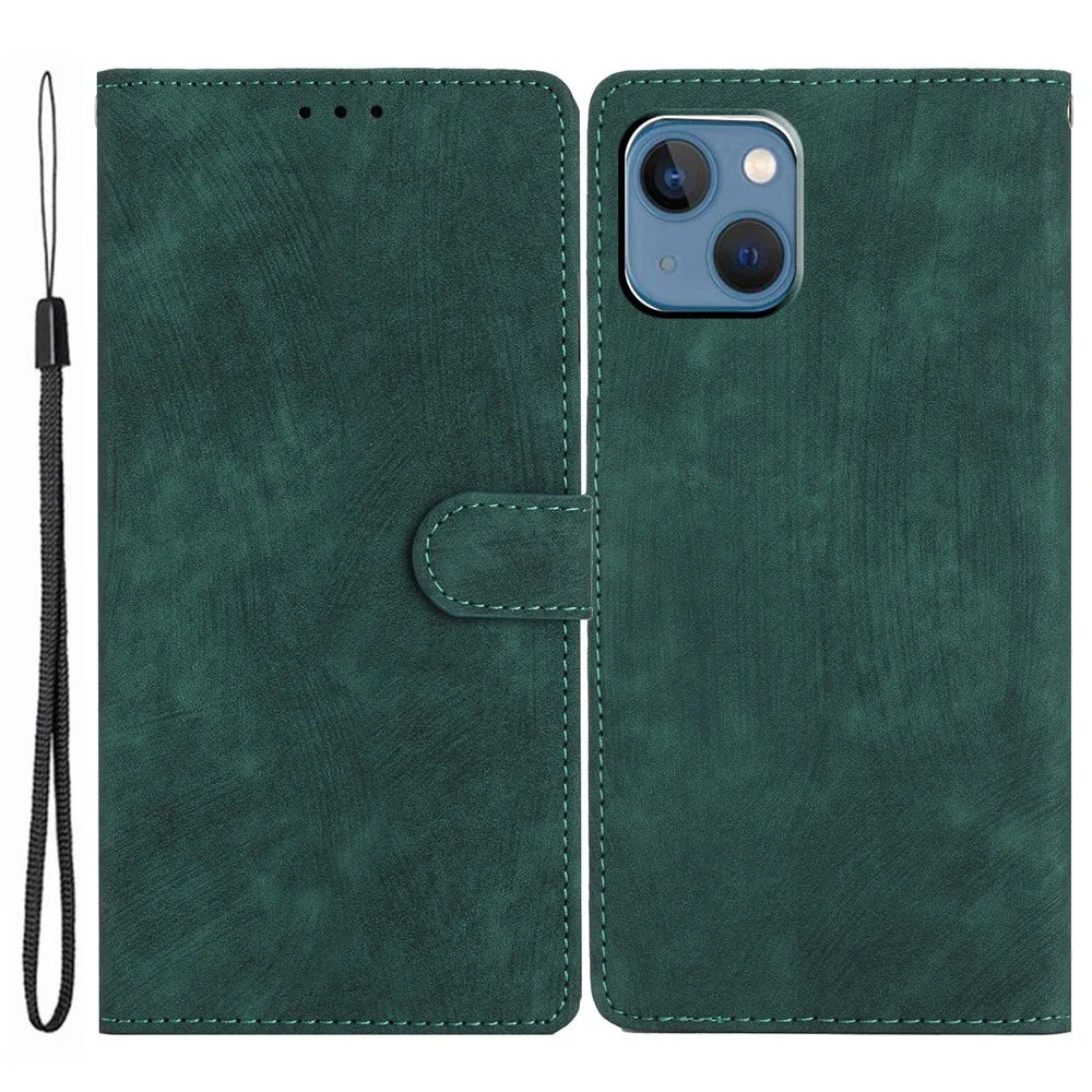 Anti-drop Phone Case for iPhone 13 6.1 inch , Skin-touch Leather Wallet Cover with Stand - Green - 1