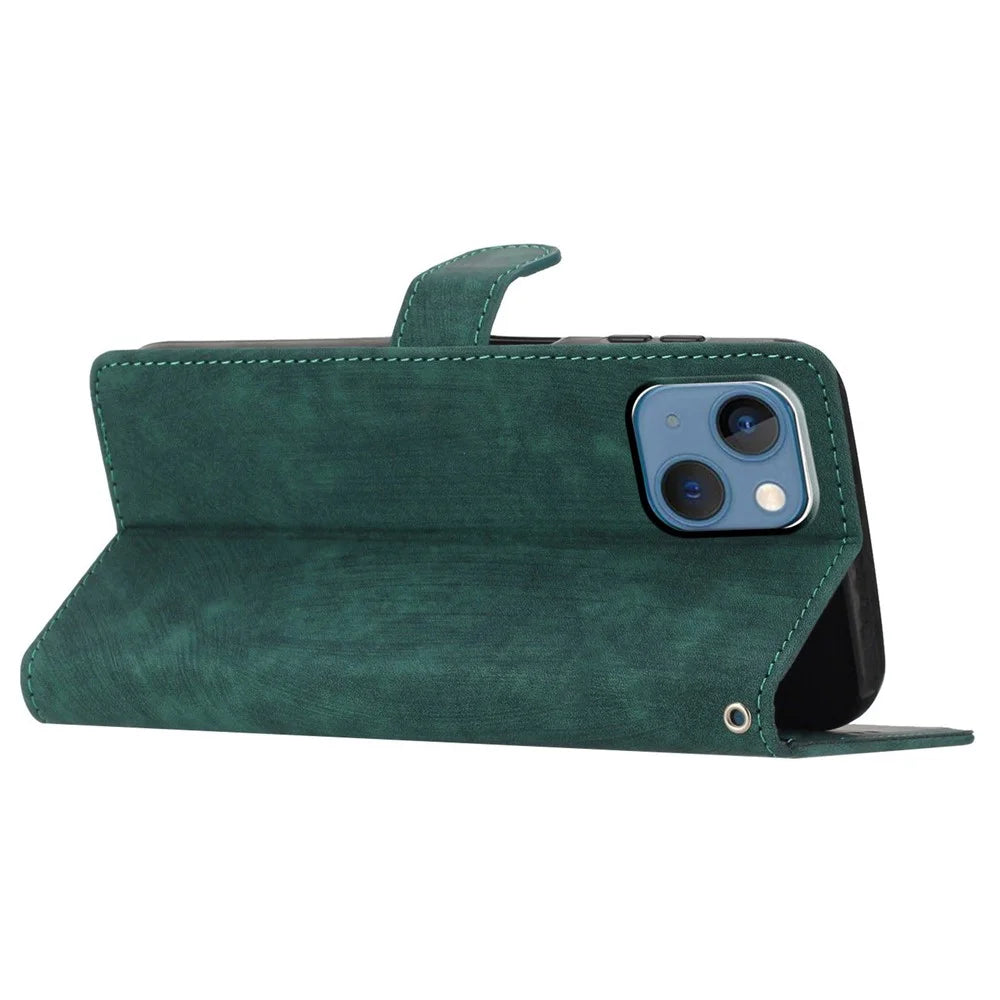 Anti-drop Phone Case for iPhone 13 6.1 inch , Skin-touch Leather Wallet Cover with Stand - Green - 3