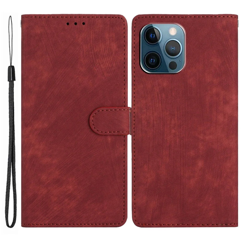 For iPhone 14 Pro Solid Color Skin-touch PU Leather Wallet Shell Anti-drop Stand Phone Case - Red - 1