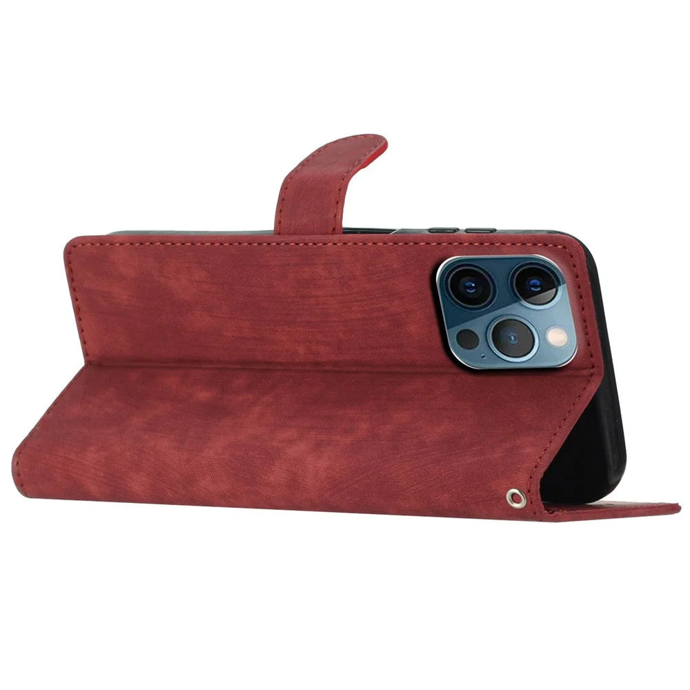 For iPhone 14 Pro Solid Color Skin-touch PU Leather Wallet Shell Anti-drop Stand Phone Case - Red - 3