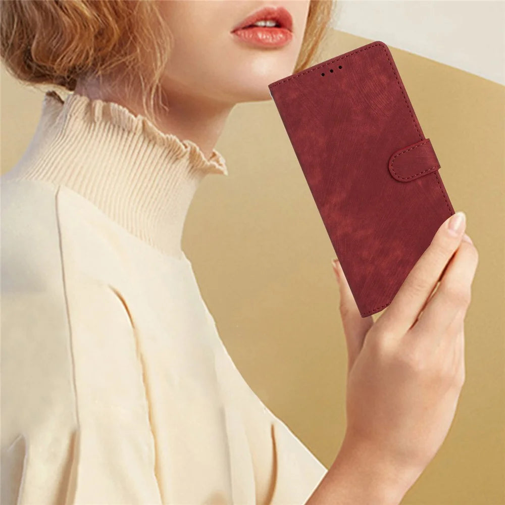 For iPhone 14 Pro Solid Color Skin-touch PU Leather Wallet Shell Anti-drop Stand Phone Case - Red - 5