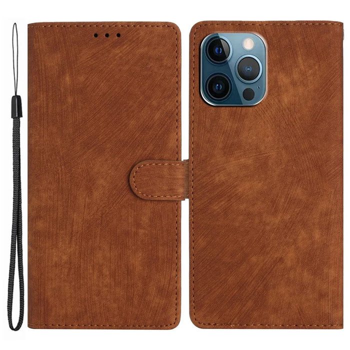 Wallet Shell for iPhone 14 Pro Max Solid Color Skin-touch PU Leather Anti-drop Stand Phone Case - Brown - 1