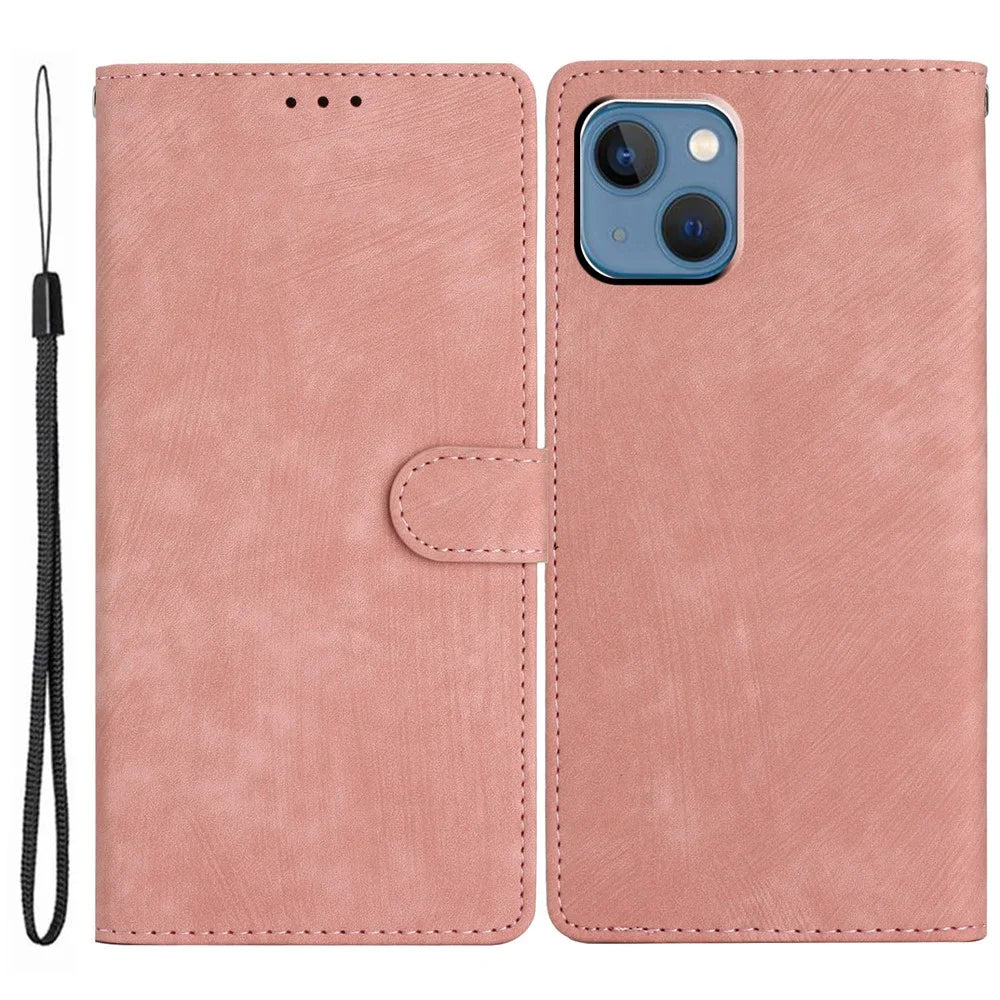 Wallet Shell for iPhone 14 Solid Color Skin-touch PU Leather Anti-collision Stand Phone Case - Rose Gold - 1