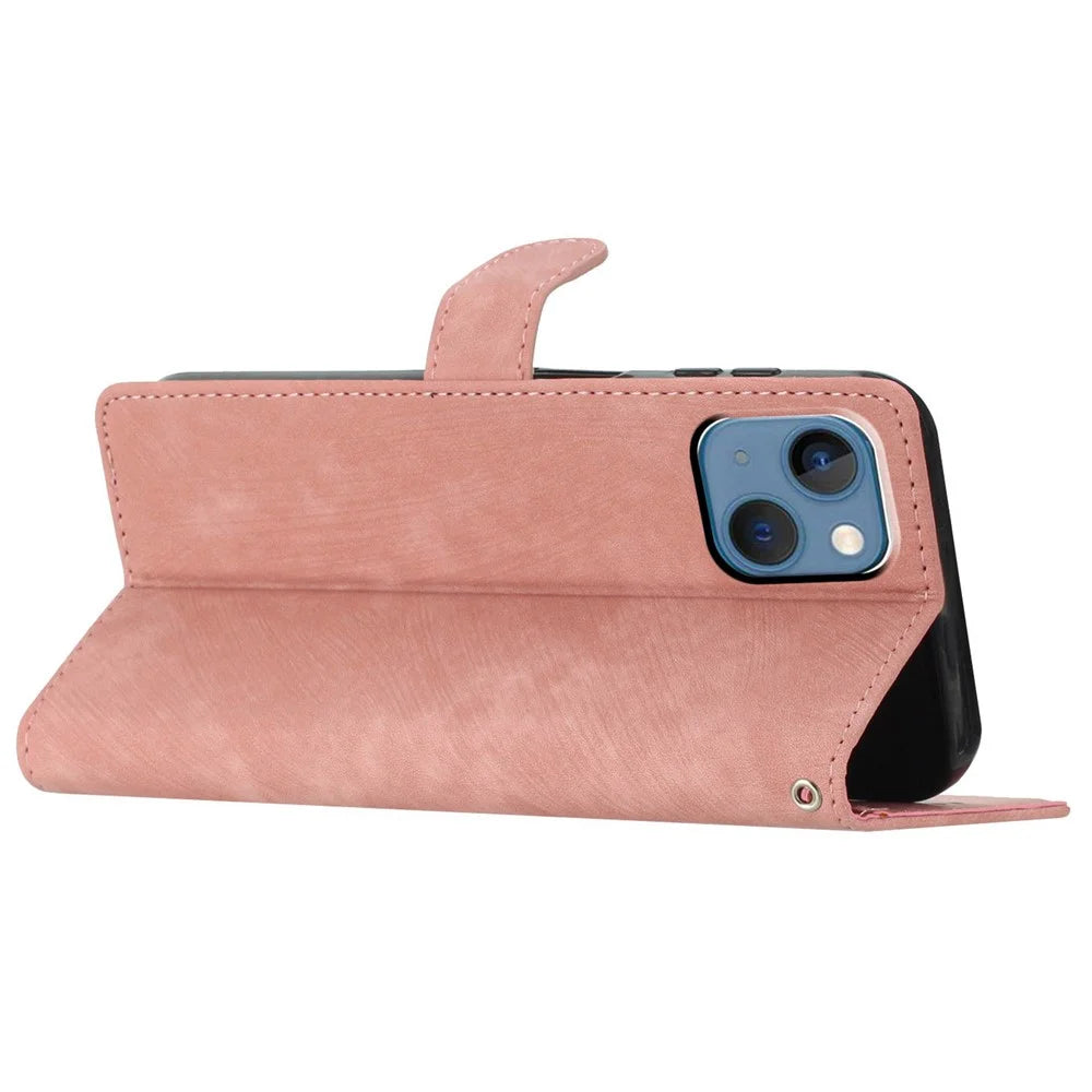 Wallet Shell for iPhone 14 Solid Color Skin-touch PU Leather Anti-collision Stand Phone Case - Rose Gold - 3