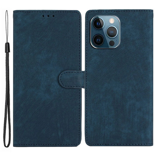 Solid Color Shell for iPhone 13 Pro Max 6.7 inch Skin-touch PU Leather Stand Wallet Phone Case - Blue - 1