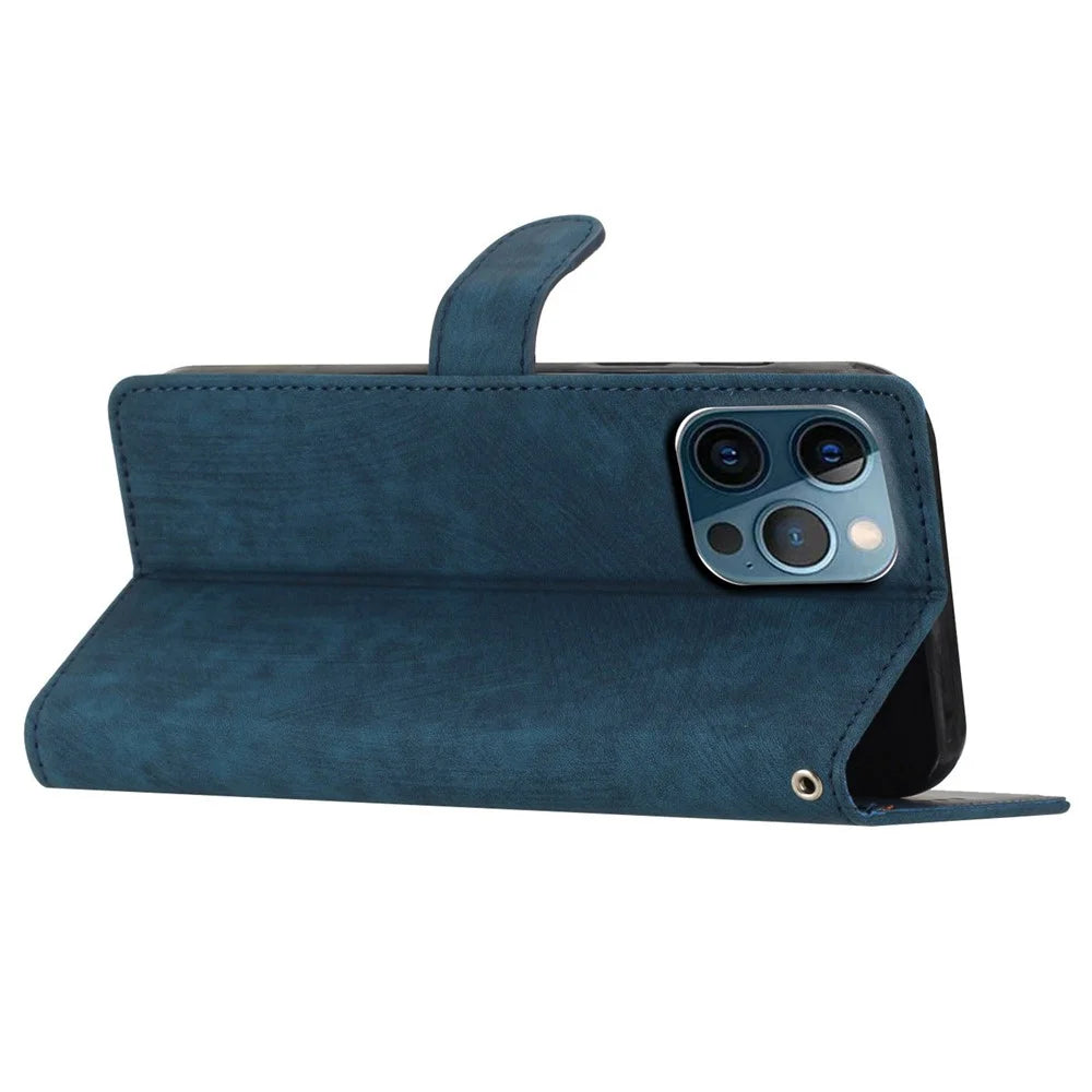 Solid Color Shell for iPhone 13 Pro Max 6.7 inch Skin-touch PU Leather Stand Wallet Phone Case - Blue - 3